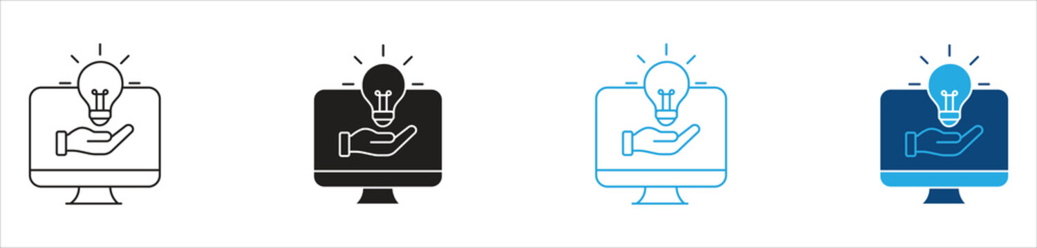 Lightbulb on Computer Screen with Hand Icon Set, Representing Digital Ideas, Innovation, Online Learning, Creative Solutions, and Technology Vector Illustration
