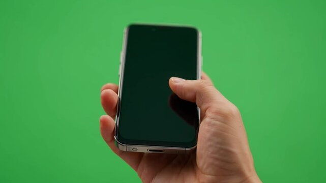 Hand Holding Smartphone with Green Screen for Mobile App Mockup