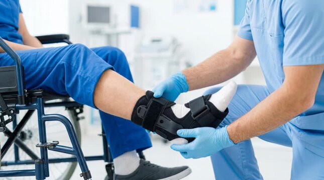 A medical personnel member assists a client with a foot injury. The staff places a boot on the client's leg. This occurs in a medical office scene. Attention is given to ensure comfort