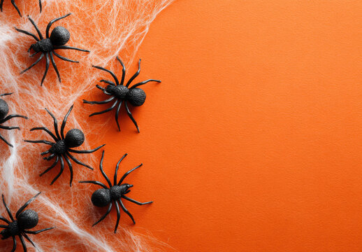 Black plastic spiders crawling over vibrant orange surface, creating eerie halloween mood with menacing decorative presence