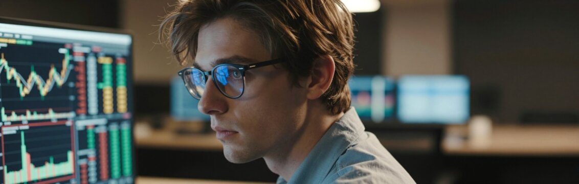 Male financial trader looking at multiple computer screens