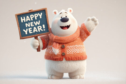 Adorable polar bear cartoon with a festive party hat and scarf, presenting a gift box and holding a cheerful holiday sign