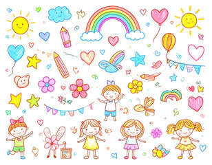 Fototapeta premium Bunte Kinderzeichnungen im Wachsmalstift-Stil mit Regenbogen, Kindern und Sternen