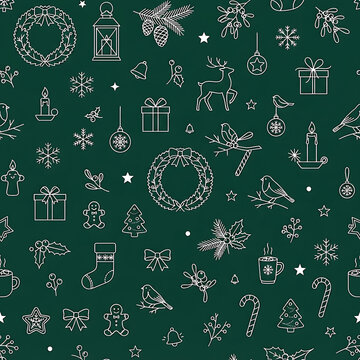 Seamless Christmas Pattern com Elementos Decorativos em Line Art