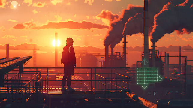 A silhouette of a worker standing on a platform looking towards a solar panel and carbon capture plant at sunset.
