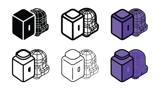 Isometric cube variations with spherical wireframe overlays in black white and purple on a white background