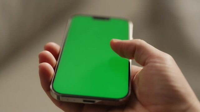Hand Holding Smartphone with Green Screen, Mobile Phone Mockup for Chroma Key Replacement
