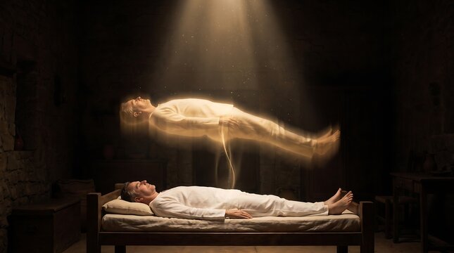 Man lying in bed with glowing ethereal spirit form floating above his body in dark rustic room representing soul departure