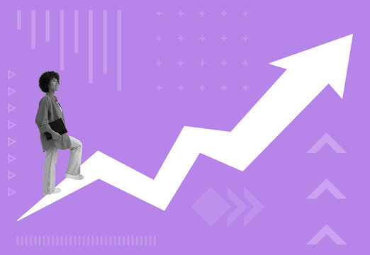 Woman climbing an upward graph for career growth.