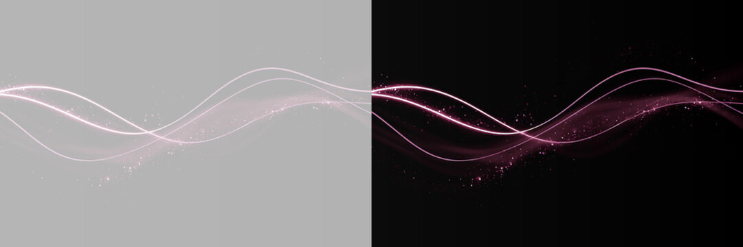 Abstract glowing pink neon wave lines with glowing particles, fluid light streak curve on split gray and black background