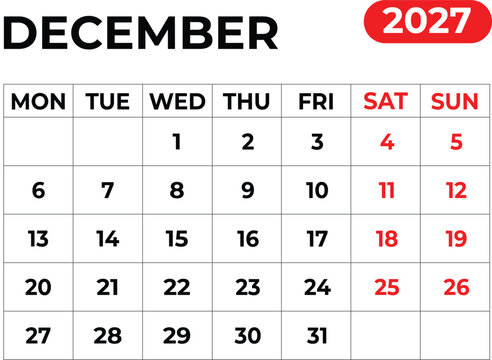 December 2027 Monthly Calendar with Sunday Start Printable Calendar Template