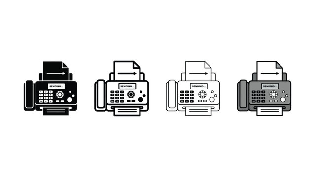 Black silhouette illustration of fax machines sending documents in a sequence on a white background