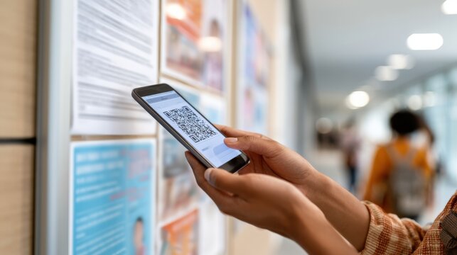 Person holding smartphone scanning QR code on a bulletin board filled with various flyers and announcements in a modern indoor setting