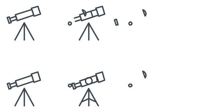 Clean flat vector line icon of a travel telescope on a tripod, ideal for tourism apps, maps, adventure guides, and lookout signage.