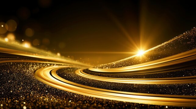 Golden Glitter Light Trails on Black Luxury Abstract Background.

