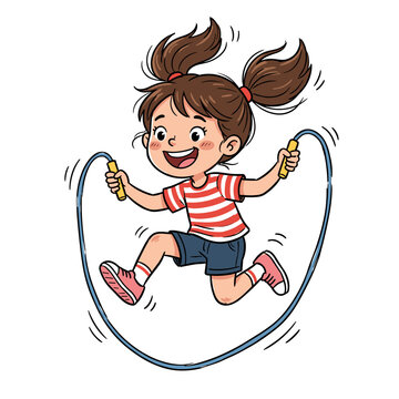 Girl jumping rope with blue cord, striped shirt, shorts, red shoes, energetic movement, happy face.