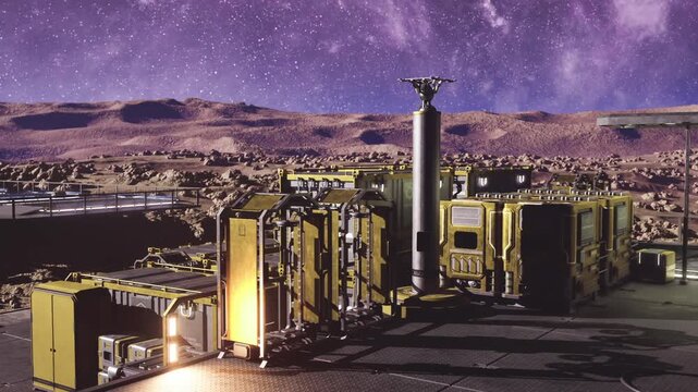 cargo depot and landing pad with stacked containers and service cranes under starry sky, illuminated approach corridors and loading activity, efficient