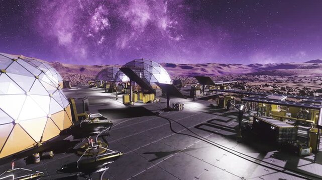launch pad and command plaza under violet sky, crew quarters and control modules linked by service roads, vehicles staged for ascent operations and systems