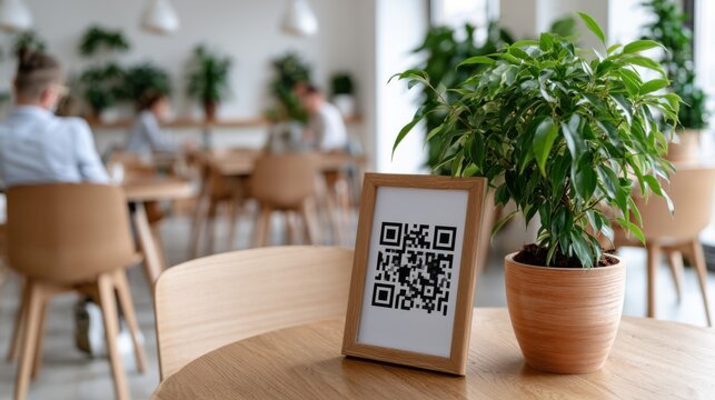 QR code displayed in a wooden frame on a table next to a potted plant in a modern cafe with customers seated in the background