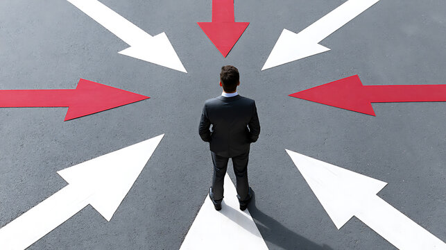Businessman faces multiple strategic path options or critical decisions, navigating choices, direction, and uncertainty in a complex environment