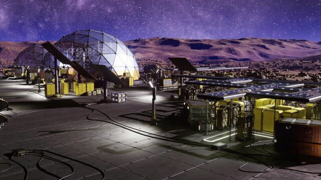 industrial extraction hub under violet sky heavy machinery, cargo containers, cranes, drilling rigs, power generators, shuttle bays, active operations vibe