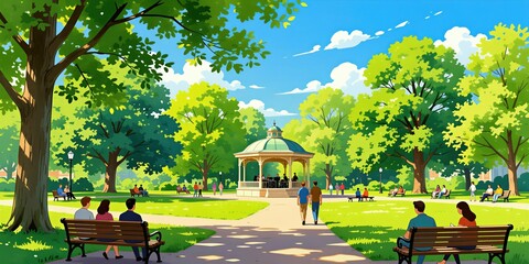 Obraz premium Public park landscape features rich green trees, wooden benches for recreation. People relax sitting on lawn seats musical band plays inside central gazebo pavilion. Sunny day atmosphere brings