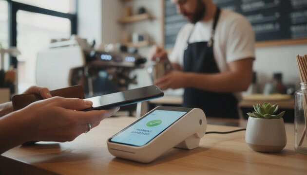 Close-up of a customer using a modern contactless payment terminal with a smartphone at a boutique coffee shop service counter