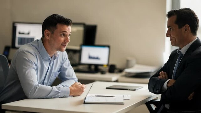 Staffing firm client listening intently as advisor explains receivables cash advance focused medium shot with blurred computer screens in background.