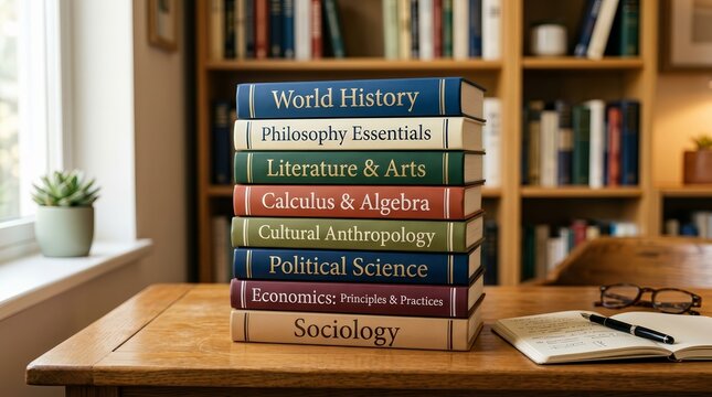 Stack of interdisciplinary liberal arts textbooks on a wooden desk.