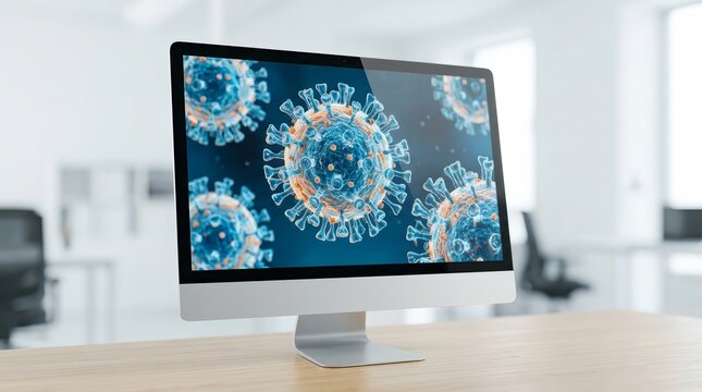 Desktop monitor displaying a 3D model of infectious virus cells for virology research.