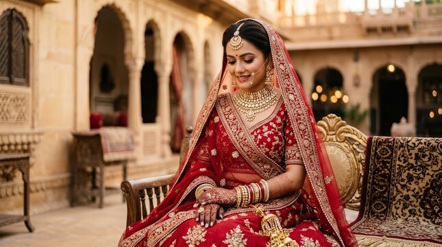 Elegant portrait of a beautiful young Indian bride wearing a traditional red lehenga and gold jewelry.
