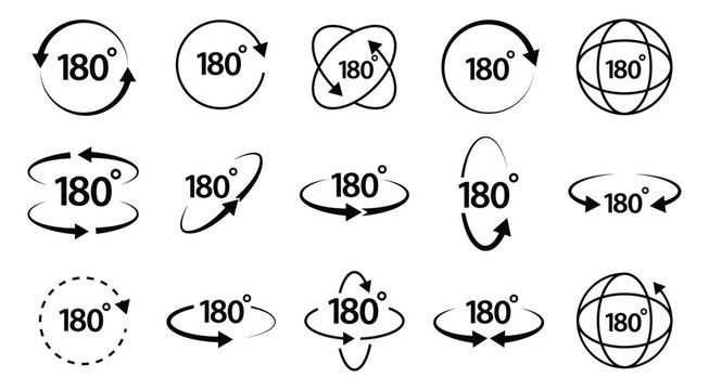 180 degrees vector icon set. Round signs with arrows rotation to 180 degrees.180 degree angle half circle than 360 degree. 180 degrees logo, label, badge, symbol, banner, black, line, isolated.