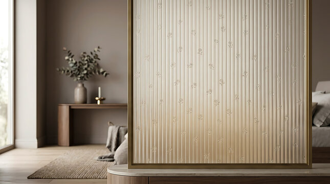 Modern room divider screen with vertical stripes in a bright and minimalist bedroom.