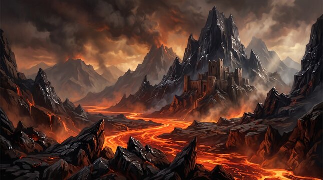 Epic volcanic mountain landscape with flowing lava river, dark fantasy fortress on jagged peaks, dramatic fire and brimstone hellscape background