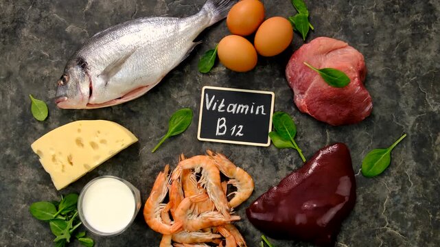 Foods that contain vitamin B12. Selective focus.
