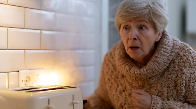 Elderly woman reacts with shock and fear to a toaster sparking and smoking in a ceramic-tiled kitchen, highlighting household hazard