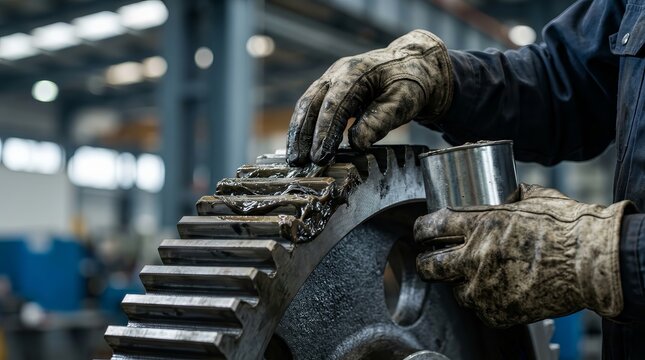 Mechanic in leather gloves applying grease lubricant to a large industrial gear