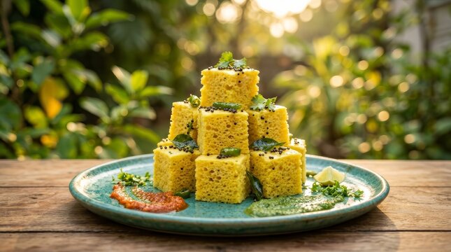 Traditional Gujarati Khaman Dhokla topped with mustard seeds and curry leaves.