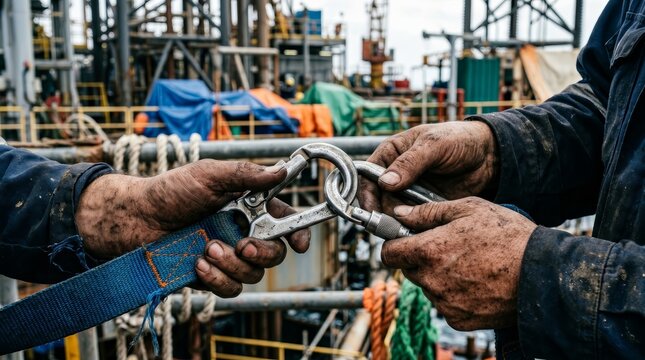 Male industrial worker securing safety harness on an offshore oil rig.