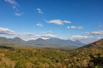 Fototapeta premium Panoramic view of Cerro Verde National Park in El Salvador surrounded by scenic volcanoes and tropical forest
