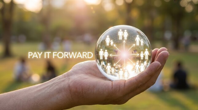 A hand holding a glass sphere with people silhouettes and 'Pay It Forward' message in a park.