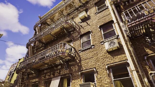 sunlit brick facade with metal stairs and balconies, strong shadow patterns, clear blue sky, urban architecture detail suitable for location scouting