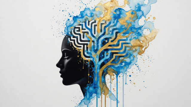 Silhouette di testa umana con cervello a circuito e pittura fluida