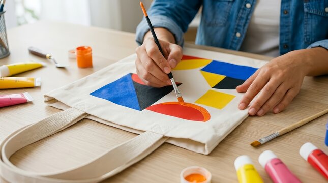Creative hands painting abstract art on a white canvas tote bag.