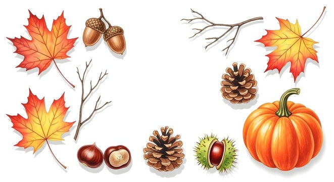 Watercolor illustration set of autumn harvest elements including pumpkin maple leaves pinecones acorns and chestnuts on white