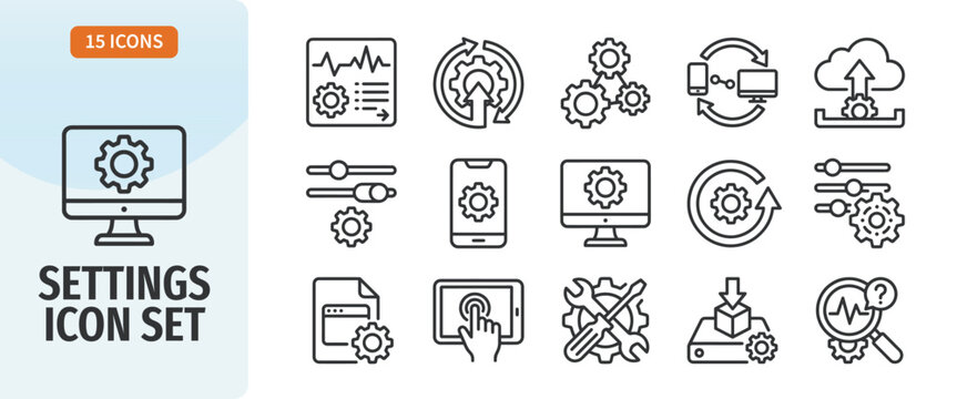 Settings icon set, linear style, vector illustration, collection of 15 icons for web and mobile applications, configuration, optimization, maintenance, and technical support symbols