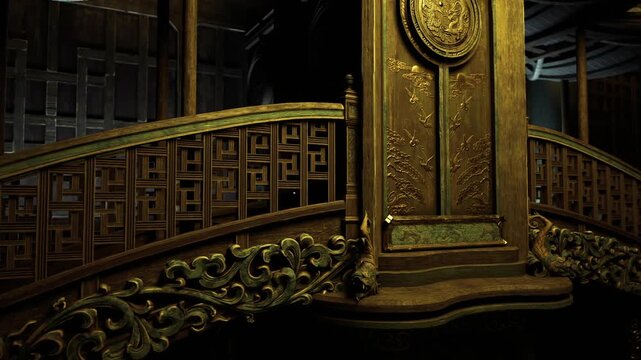ornate carved bridge crossing shadowed atrium, decorative railing and scrollwork, low light highlighting intricate woodwork and curved silhouette
