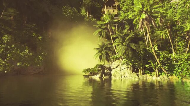overgrown river bank with soft backlight, leaves and vines glowing at edge of water secluded green massing, subtle mist and reflective surface convey hidden