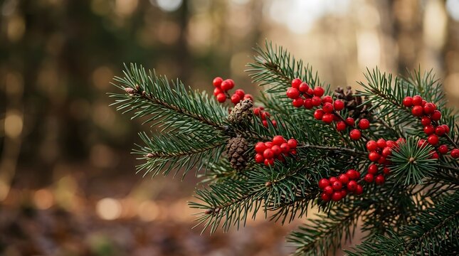 A close-up view of vibrant red holly berries nestled among dense green pine needles and small pinecones on a soft blurred forest background scene