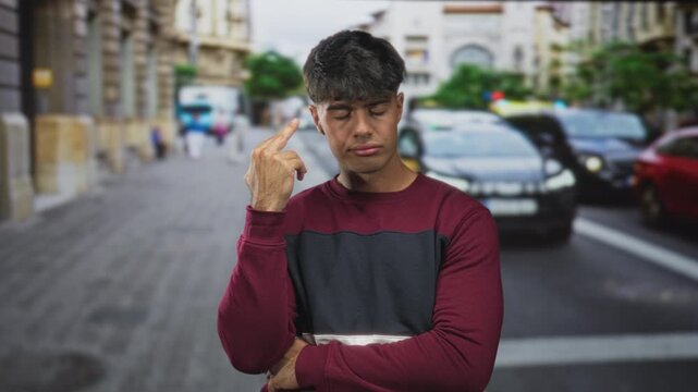 Young hispanic man showing middle finger with eyes closed and folded arms on crowded city street; annoyance defiance.